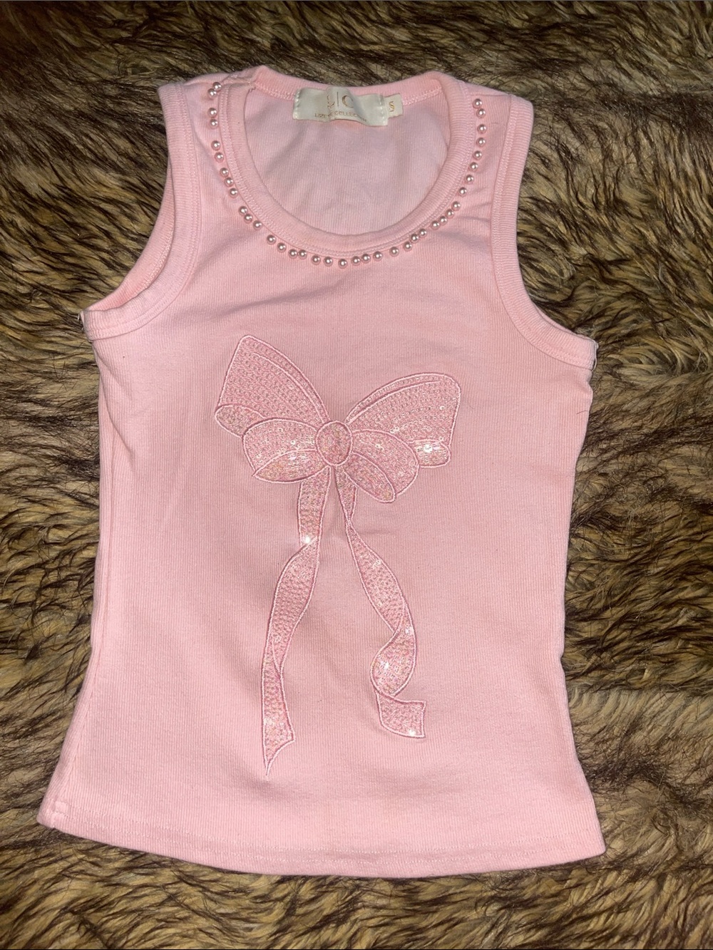 Pink Beaded Bow Tank Top with Beaded Neckline
